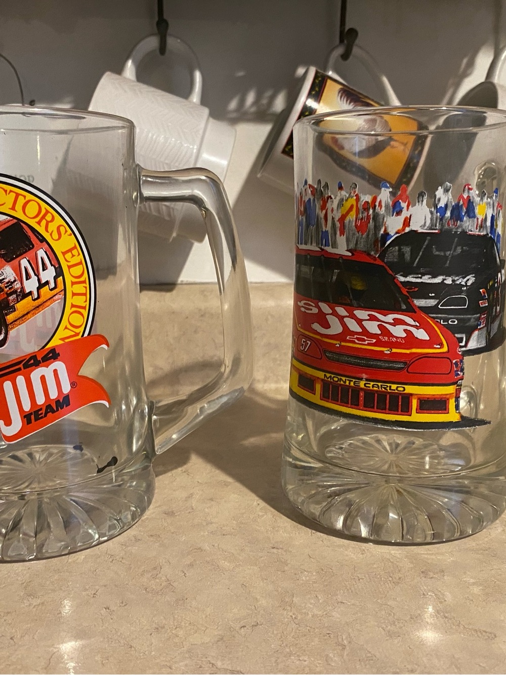 Vintage 90s Slim Jim Racing Team #44 & monte carlo glass beer stein mugs nascar